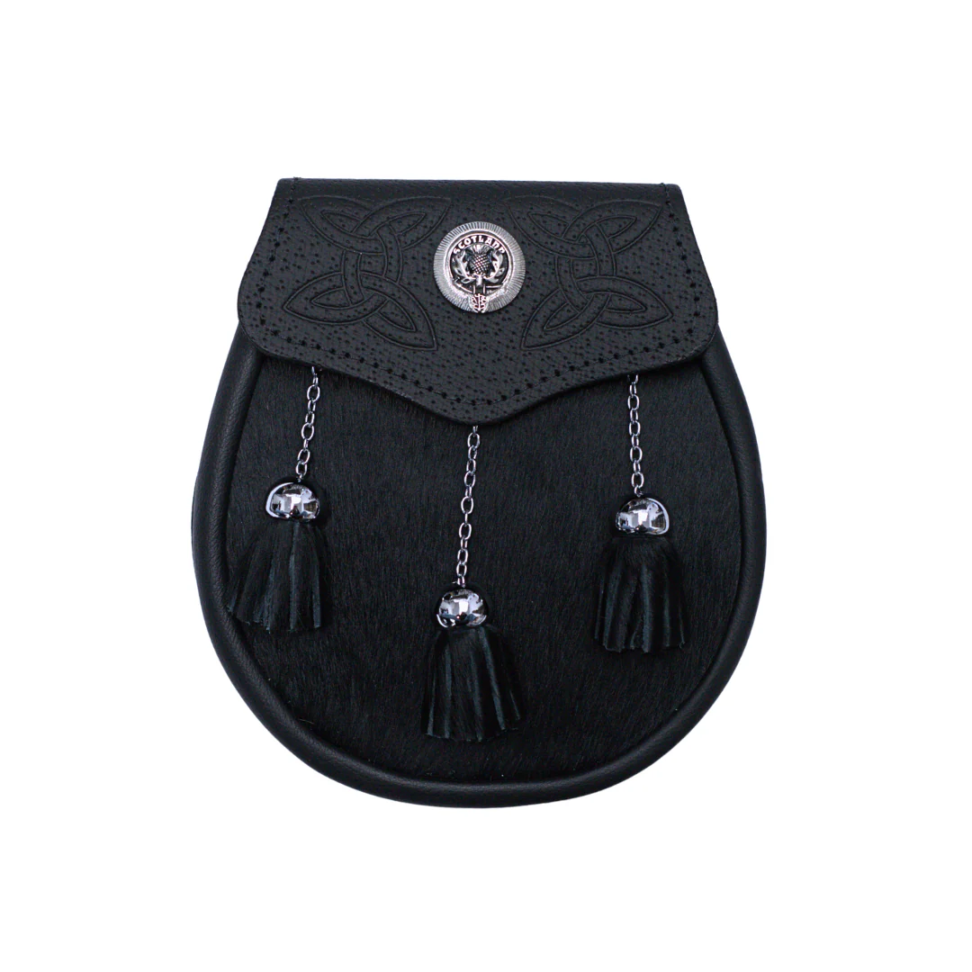 Black Calfskin Thistle Semi Dress Sporran Made in Scotland