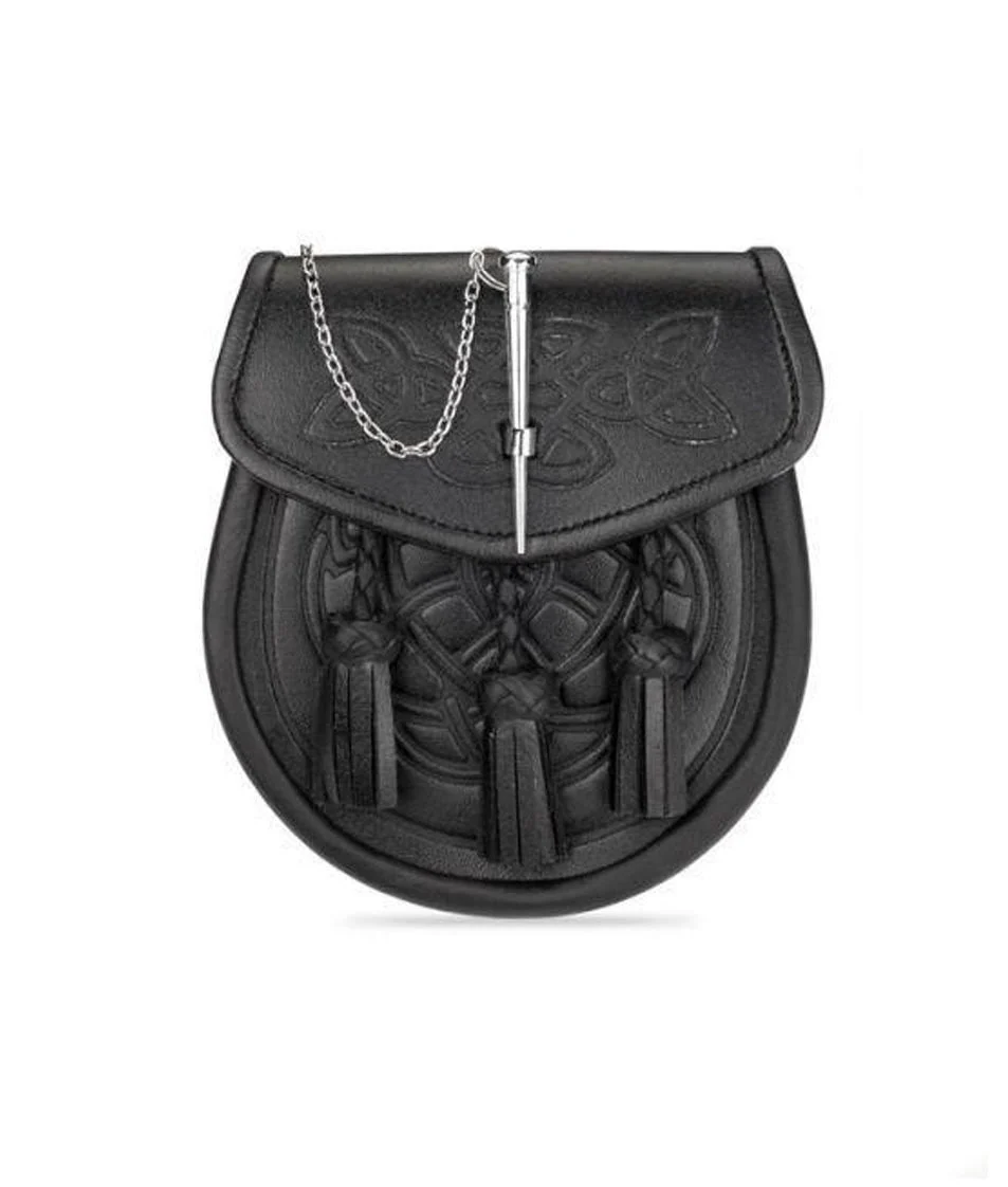 Black Leather Celtic Embossed Pin Lock Sporran