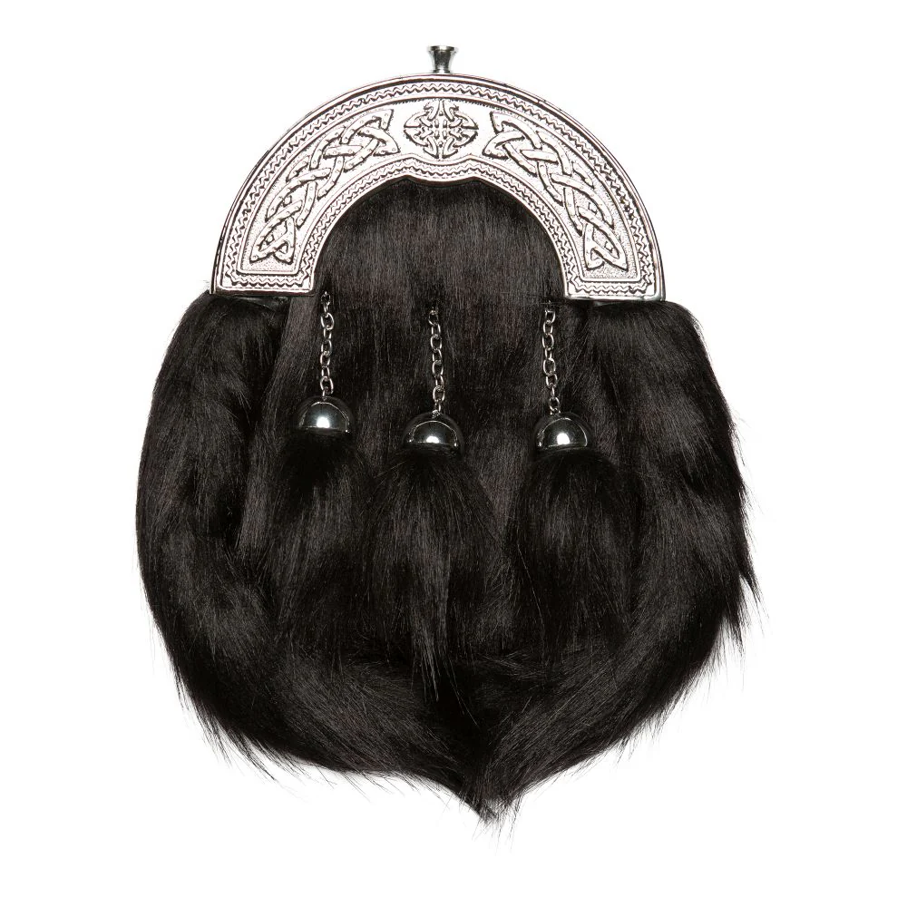 Chrome Plain Celtic Cantle Sporran - Black Synthetic Fur