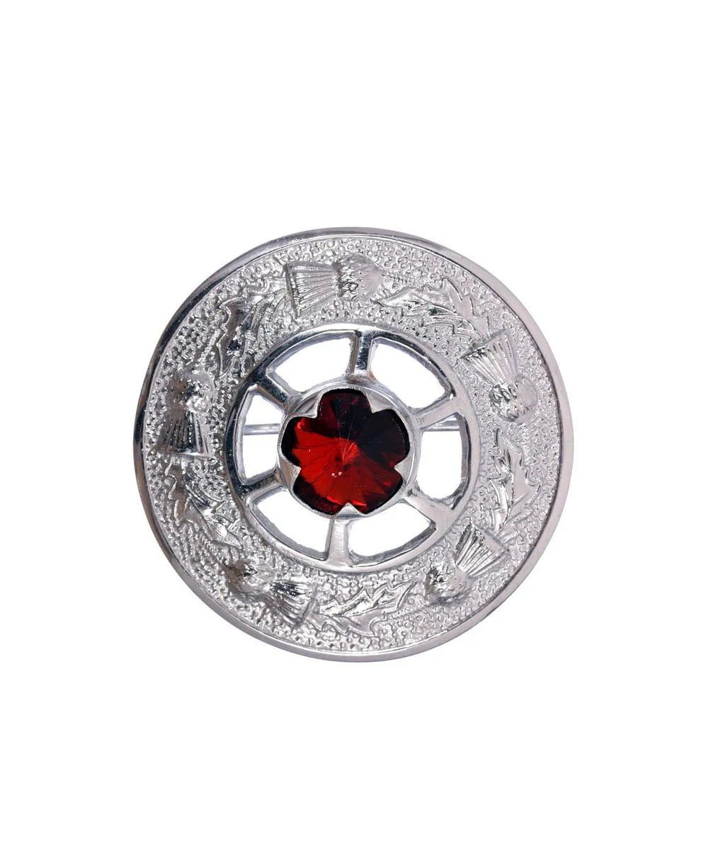 Miniature Thistle Design and Orange Stone Brooch - Chrome Finish